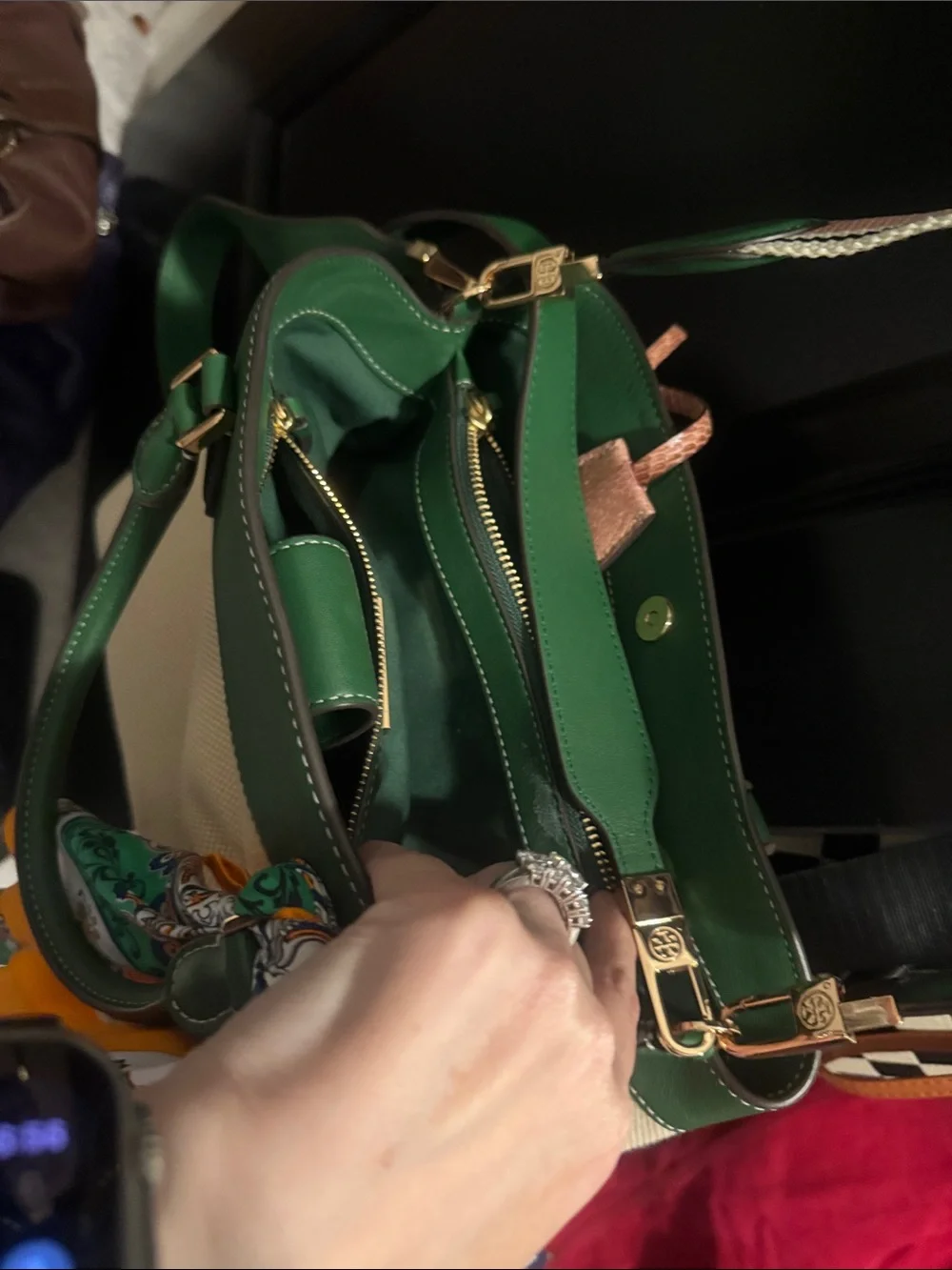 Tory Burch Green and Cream Canvas Shoulder Bag with Scarf Accent
